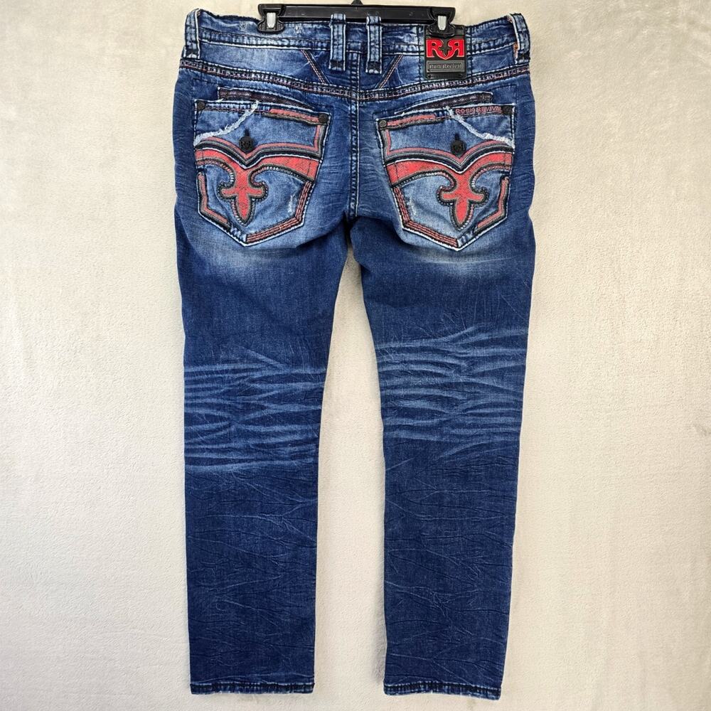 Rock Revival Jeans Mens 38 (Fits 40x31) Jaser Red Cobra Leather Insert Straight